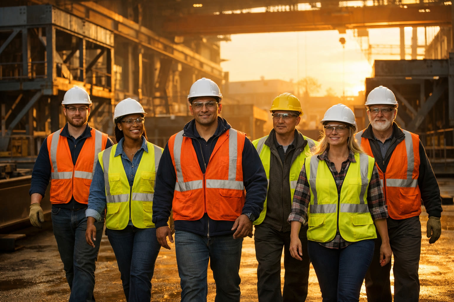 Industrial steel fabrication facility with skilled crews at work
